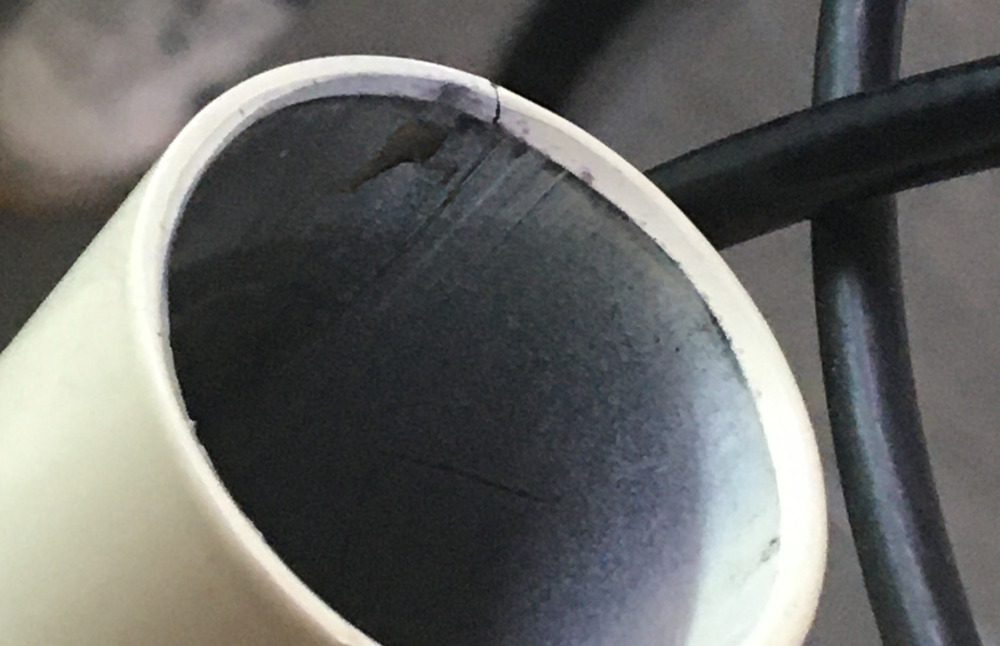 Inspect Bicycle for cracks in frame. Here we see a crack the the head tube.